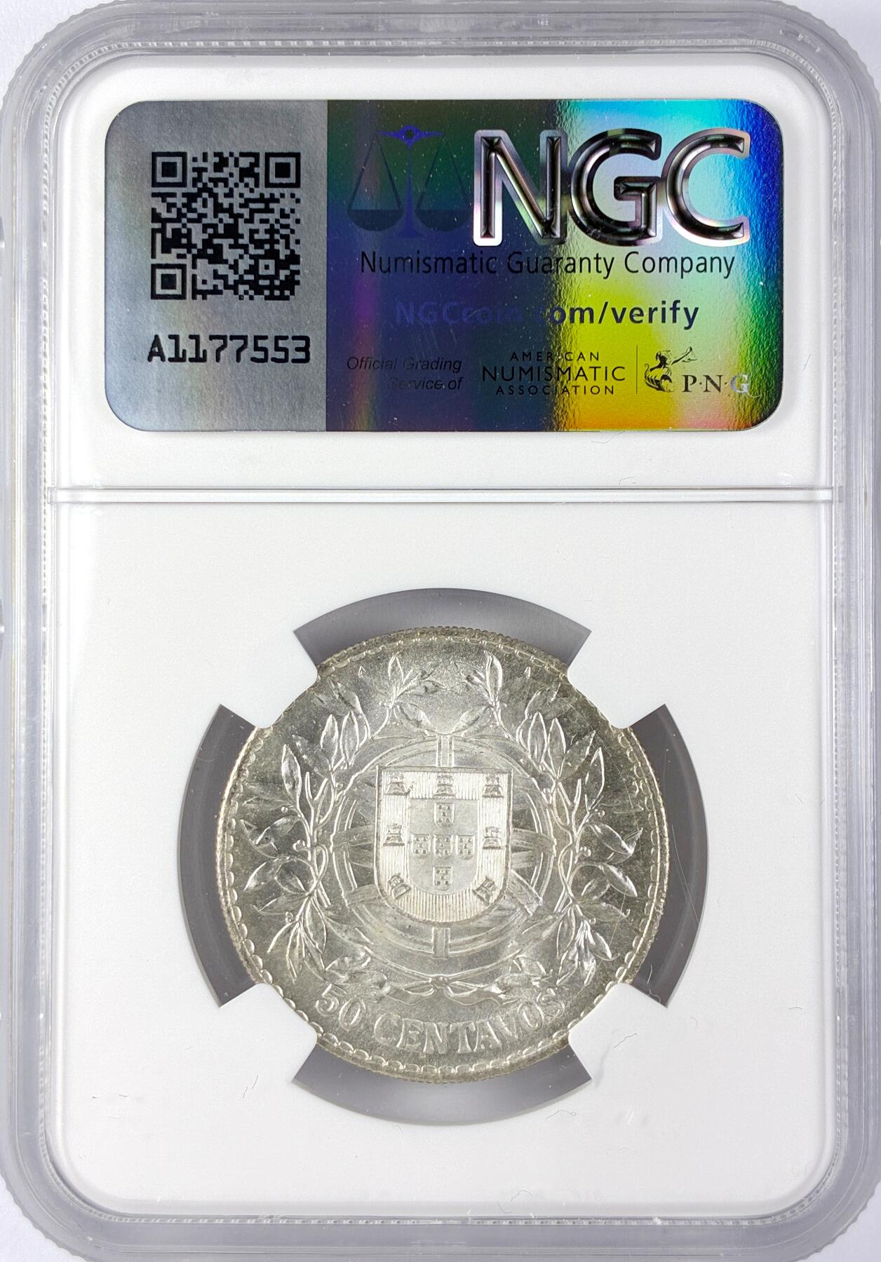 【雨安】【直播拍卖】【世界币章119期-评级币】2025-12-06 周六 19:30 保真 [评级欧洲] Portugal 葡萄牙 共和国 50分 1916年  NGC-MS63