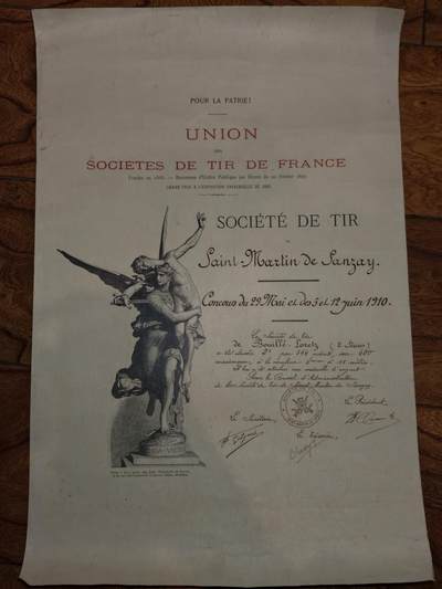凯旋世界勋赏（第20期）（欢迎送拍）（对拍品有疑问请询问客服，不接受到手刀，出价默认拍品品相。请认真阅读拍卖规则！出价默认已认可！）（收到货请录制开箱视频，无视频概不处理问题。） - 法国射击协会联盟（Union des Sociétés de Tir de France）下属“圣马丹德桑日射击协会”的会员录取文书