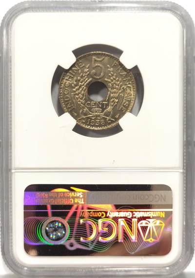 博洋堂世界钱币拍卖第150期（全场包邮） NGC MS65 法属印支1938年5分中孔镍币