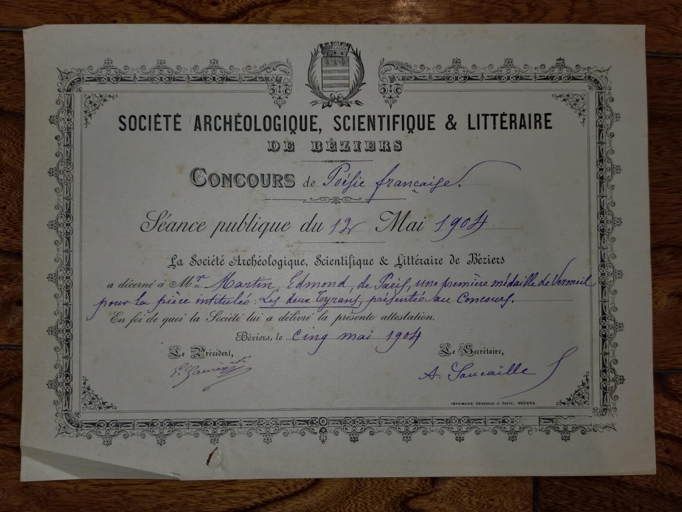 凯旋世界勋赏（第20期）（欢迎送拍）（对拍品有疑问请询问客服，不接受到手刀，出价默认拍品品相。请认真阅读拍卖规则！出价默认已认可！）（收到货请录制开箱视频，无视频概不处理问题。） 贝济耶考古、科学与文学学会（Société Archéologique, Scientifique & Littéraire de Béziers）的竞赛录取通知