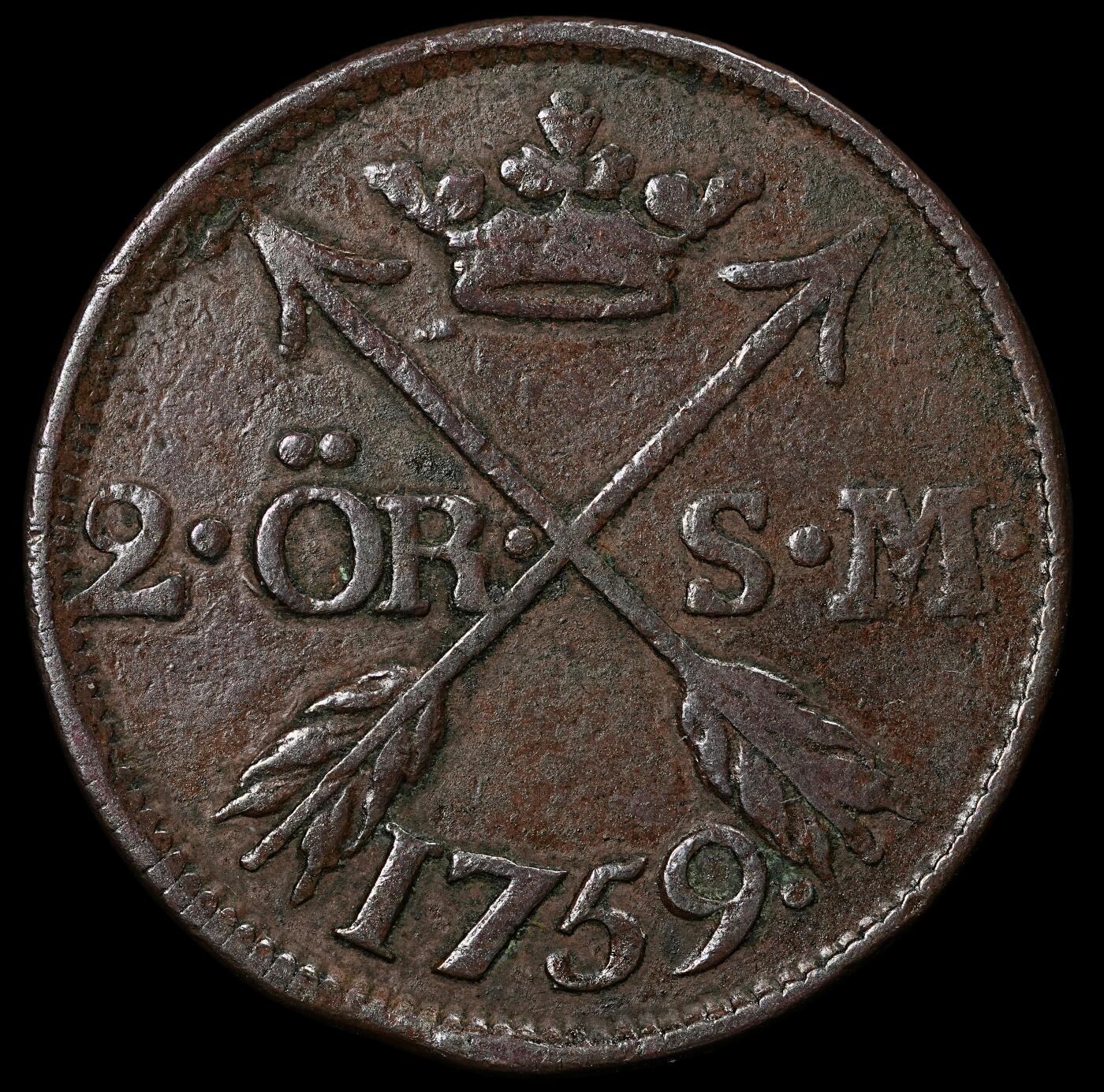 修遠堂世界钱币第九十六期 1759年瑞典2欧尔大铜币 26.45g