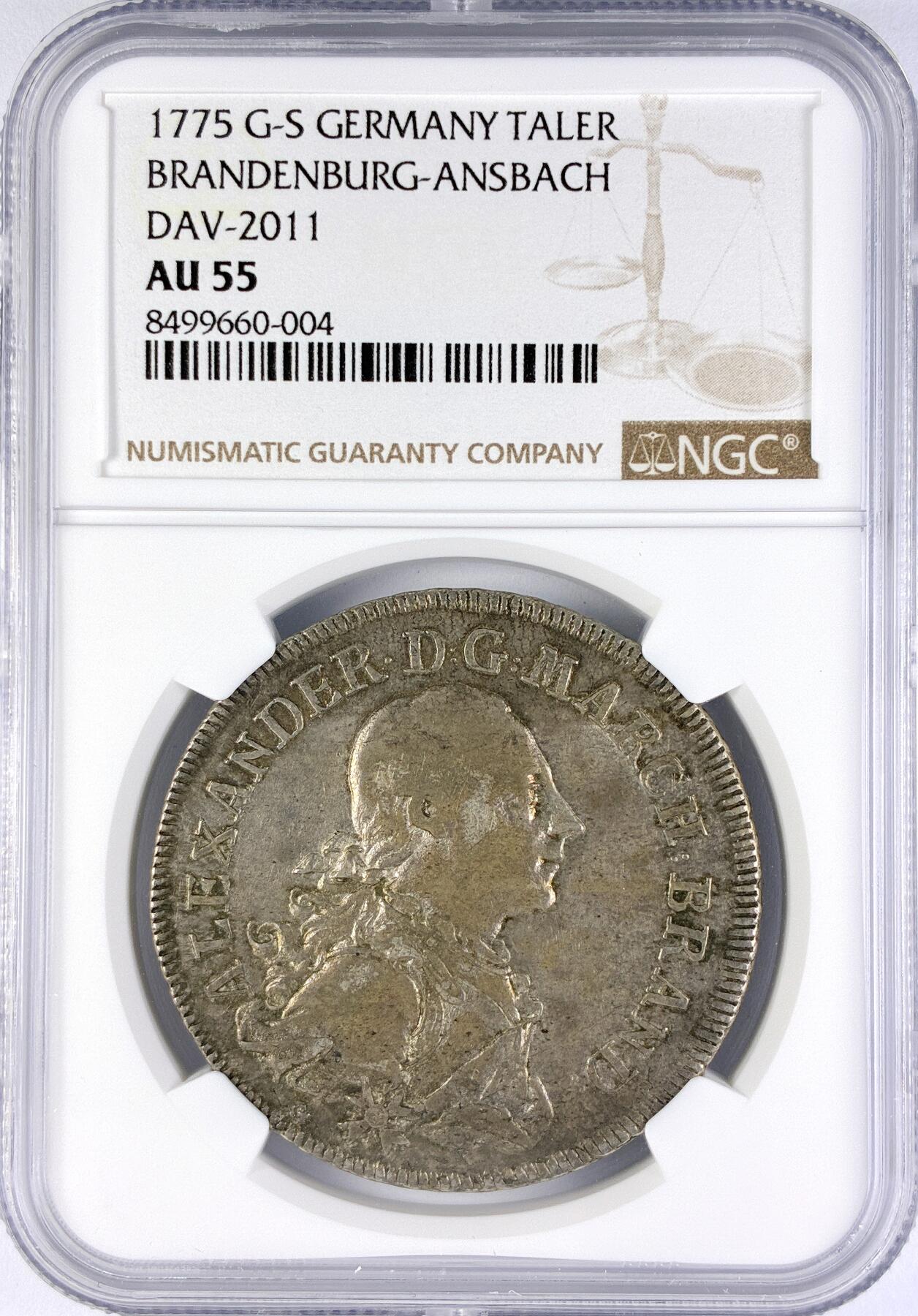 【雨安】【直播拍卖】【世界币章119期-评级币】2025-12-06 周六 19:30 保真 [评级德国] Germany 德国 德意志 1泰勒 Brandenburg-Ansbach勃兰登堡-安斯巴赫 KM#0301 1775年G//S  NGC-AU55