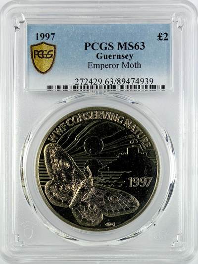 【雨安】【直播拍卖】【世界币章119期-评级币】2025-12-06 周六 19:30 保真 - [评级现代] Guernsey 根西 2镑 1997年 帝王蛾  PCGS-MS63