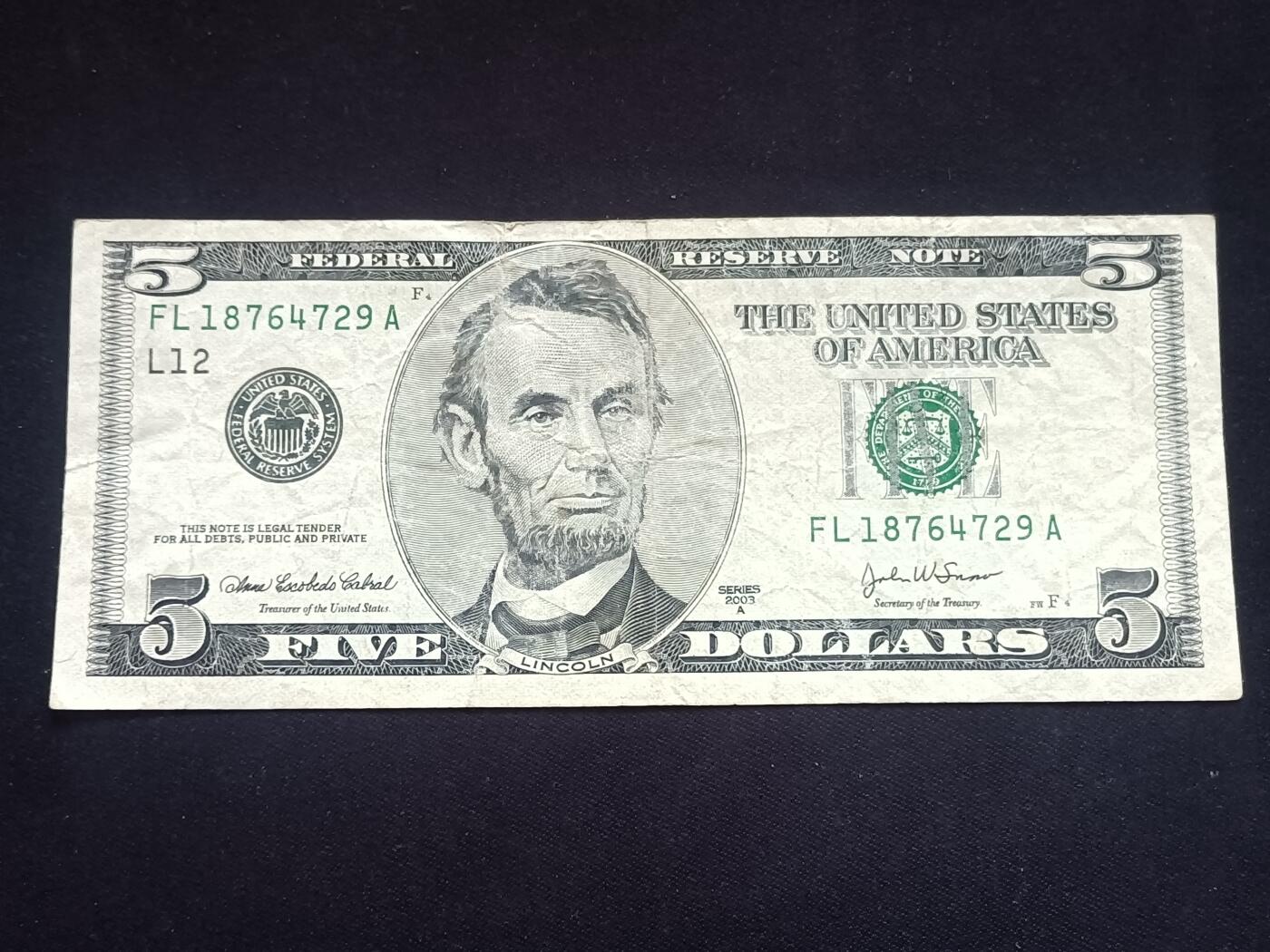 【游宝拍卖】乙巳蛇年91期 第四季首拍场  美国-5美元【SERIES-2003A L12旧金山 流通品相】