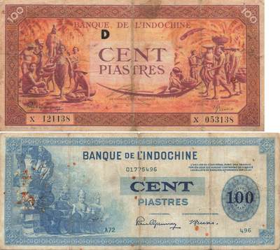 小福收藏拍卖第197期 裸钞场 本期有多张豹子号靓号 百慕大03年50元纪念钞百位号 马来亚和英属婆罗洲开国第一张纸币大冠女王 马来亚 41年1元英王乔六 法属太平洋10000法郎 捷克1000克朗纪念钞千位号  卢森堡 1000法郎  萨尔瓦多样钞 匈牙利 法罗群岛 危地马拉等多国精美纸币 - 法属印度支那 1942-45年 100皮阿斯特 首版 背面红色版 无47尾8+1945年 100皮阿斯特 1组2张 VF