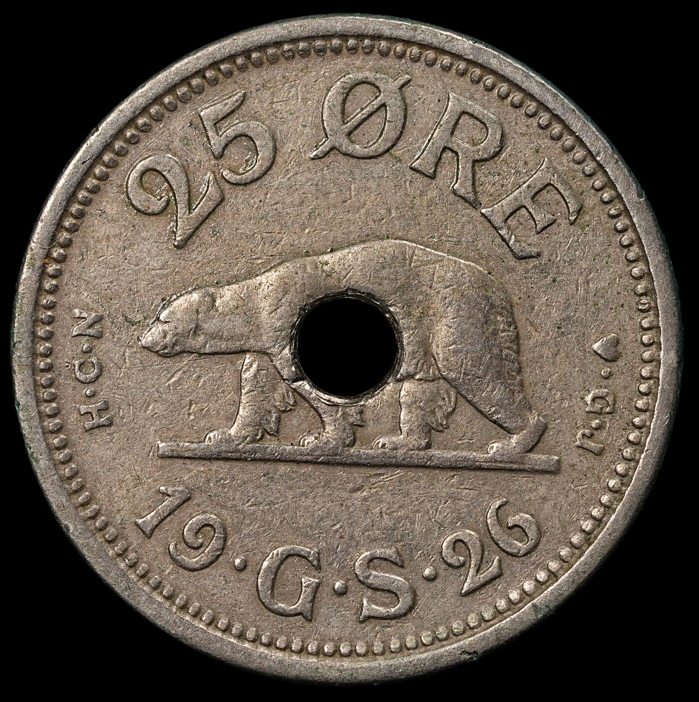 修遠堂世界钱币第九十六期 1926年格陵兰中孔25欧尔  1940/41年在纽约打孔，以避免 与1克朗硬币混淆，仅打孔6万枚