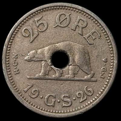 修遠堂世界钱币第九十六期 - 1926年格陵兰中孔25欧尔  1940/41年在纽约打孔，以避免 与1克朗硬币混淆，仅打孔6万枚