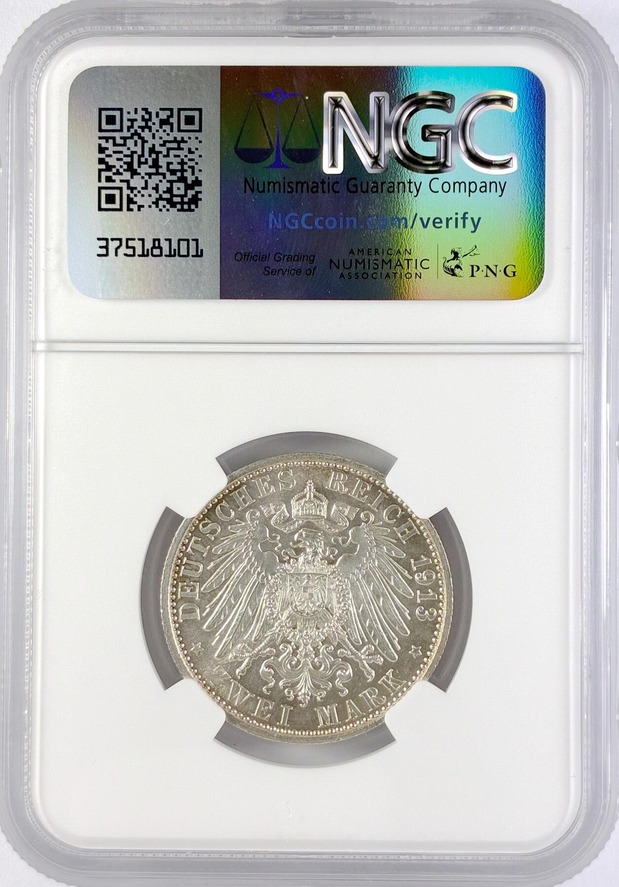 【雨安】【直播拍卖】【世界币章119期-评级币】2025-12-06 周六 19:30 保真 [评级德国] Germany 德国 帝国 J.111 普鲁士 2马克 (1913) 军装花枝 1913年  NGC-MS63