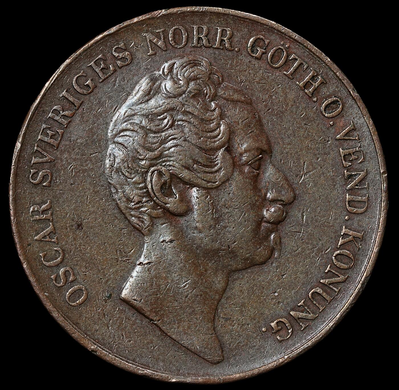 修遠堂世界钱币第九十六期 1849年瑞典4 SKILLING铜币 25.07g 边小磕