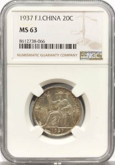 博洋堂世界钱币拍卖第150期（全场包邮） - NGC MS63 法属印支1937年坐洋20分银币