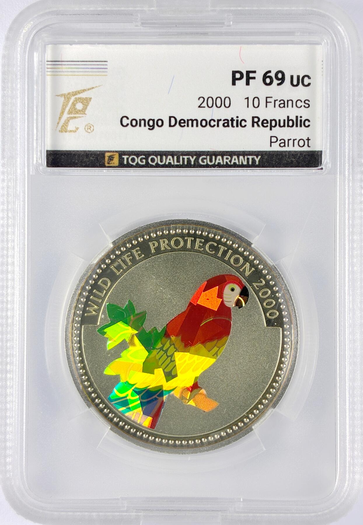 【雨安】【直播拍卖】【世界币章119期-评级币】2025-12-06 周六 19:30 保真 [评级现代] Congo 刚果 10法郎 2000年 鹦鹉 TQG-PF69UC