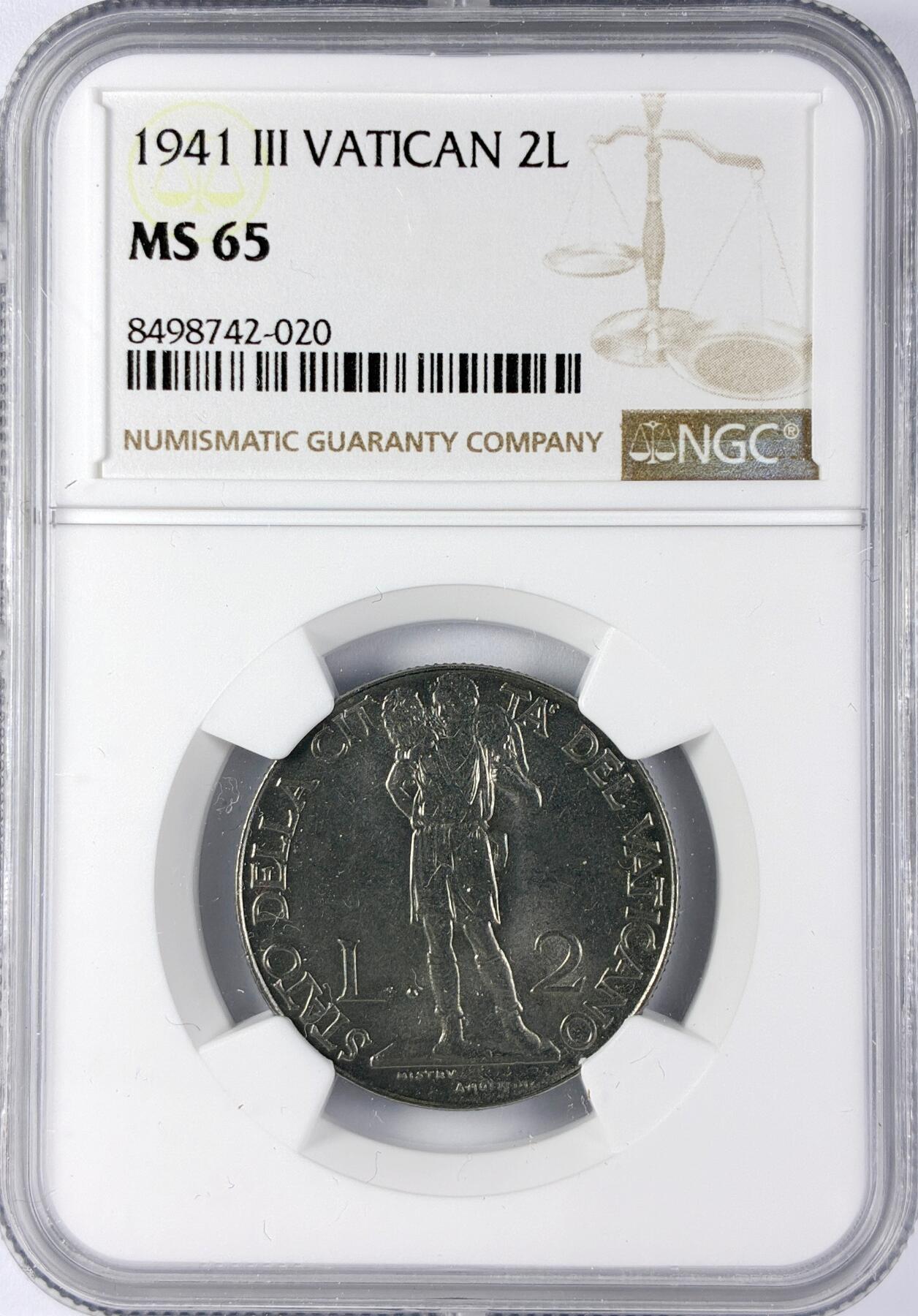 【雨安】【直播拍卖】【世界币章119期-评级币】2025-12-06 周六 19:30 保真 [评级欧洲] Vatican 梵蒂冈 2里拉 1941年  NGC-MS65