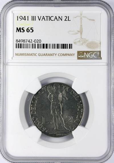 【雨安】【直播拍卖】【世界币章119期-评级币】2025-12-06 周六 19:30 保真 - [评级欧洲] Vatican 梵蒂冈 2里拉 1941年  NGC-MS65