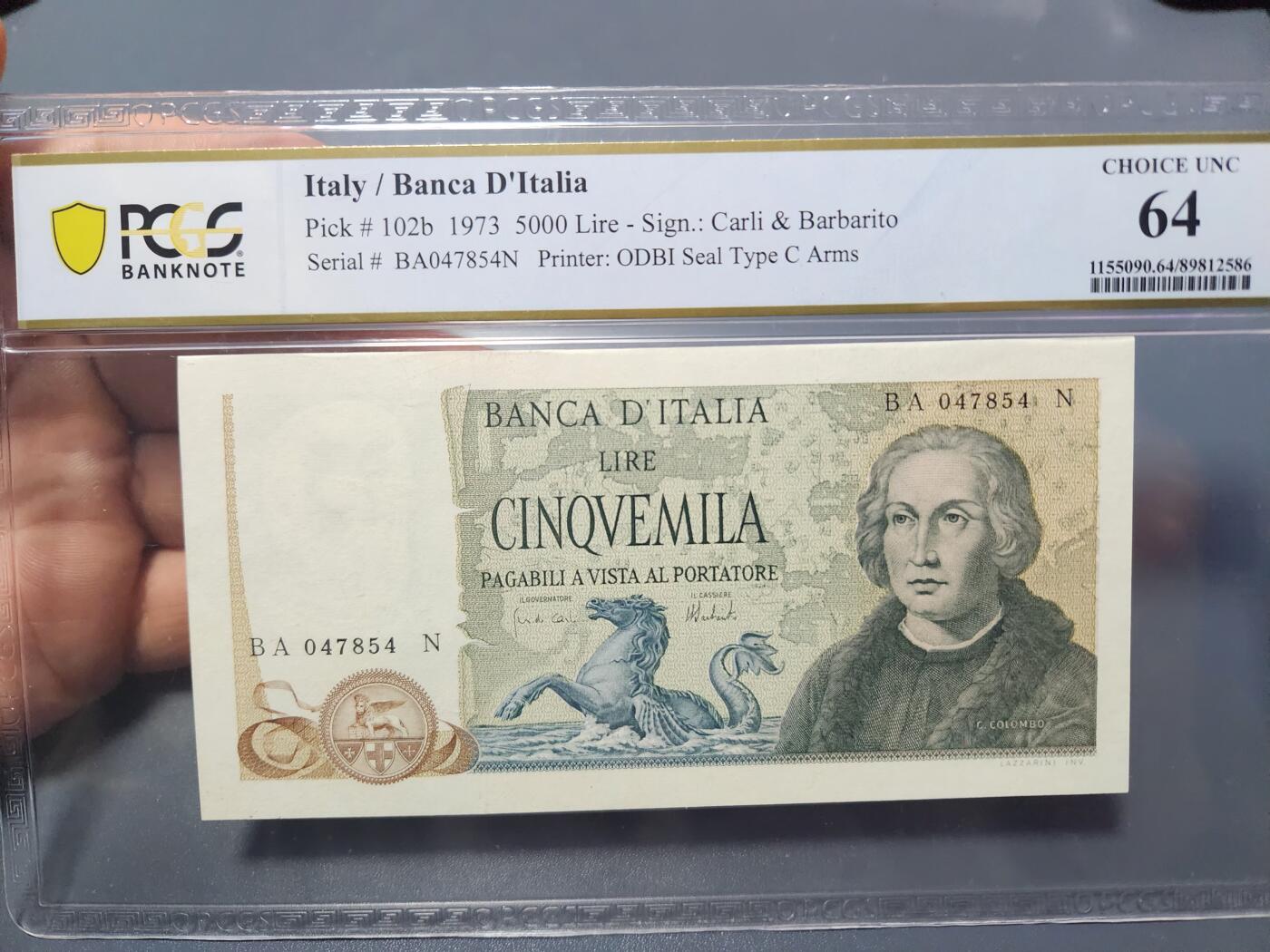 12月5号晚上8点 评级币专场外国纸币自动截拍第68场 意大利1971年50000里拉 PCGS64