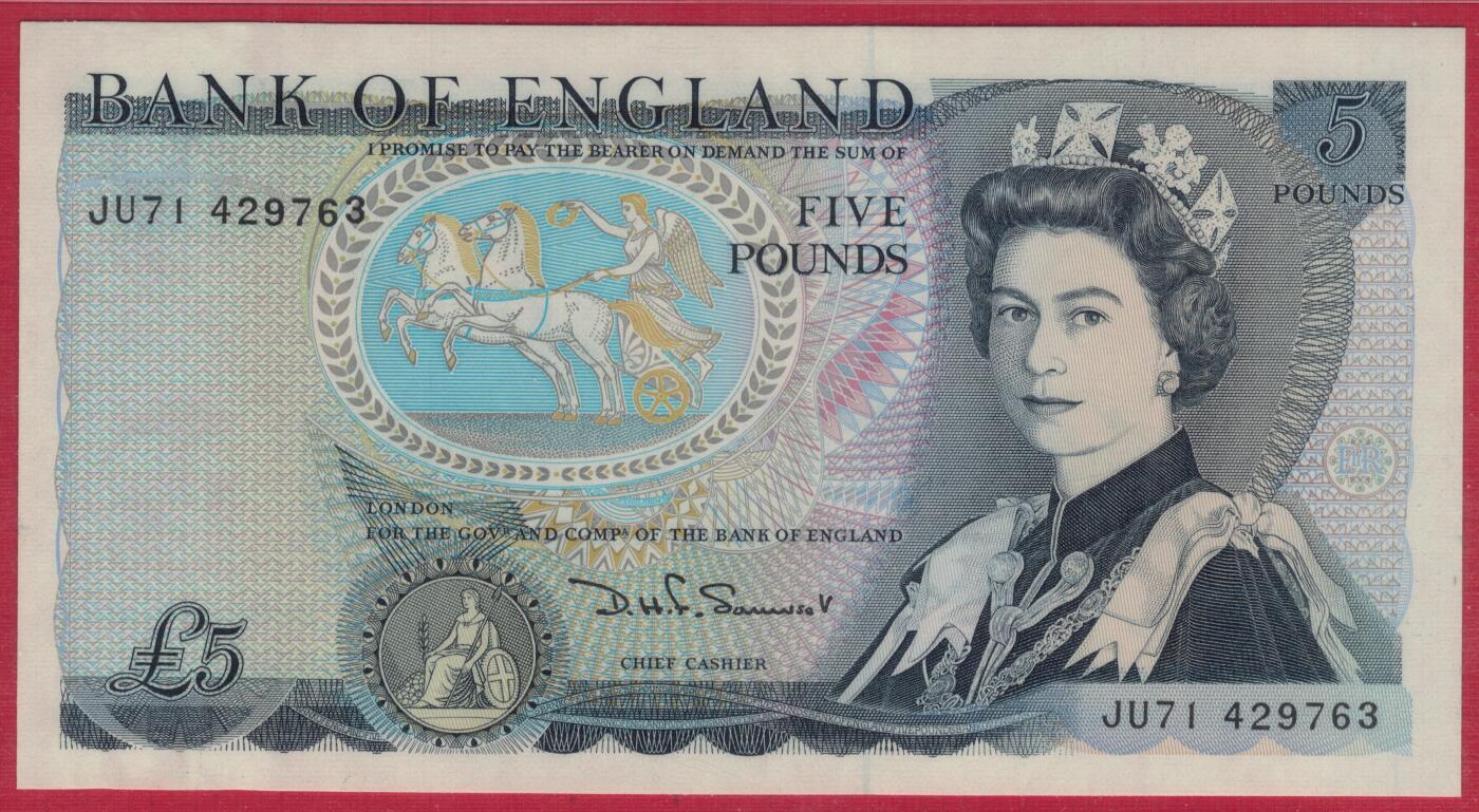 英国1980年至1987年5镑 P-378c 签名D.H.F.Somerset 细安全线 实物图 UNC