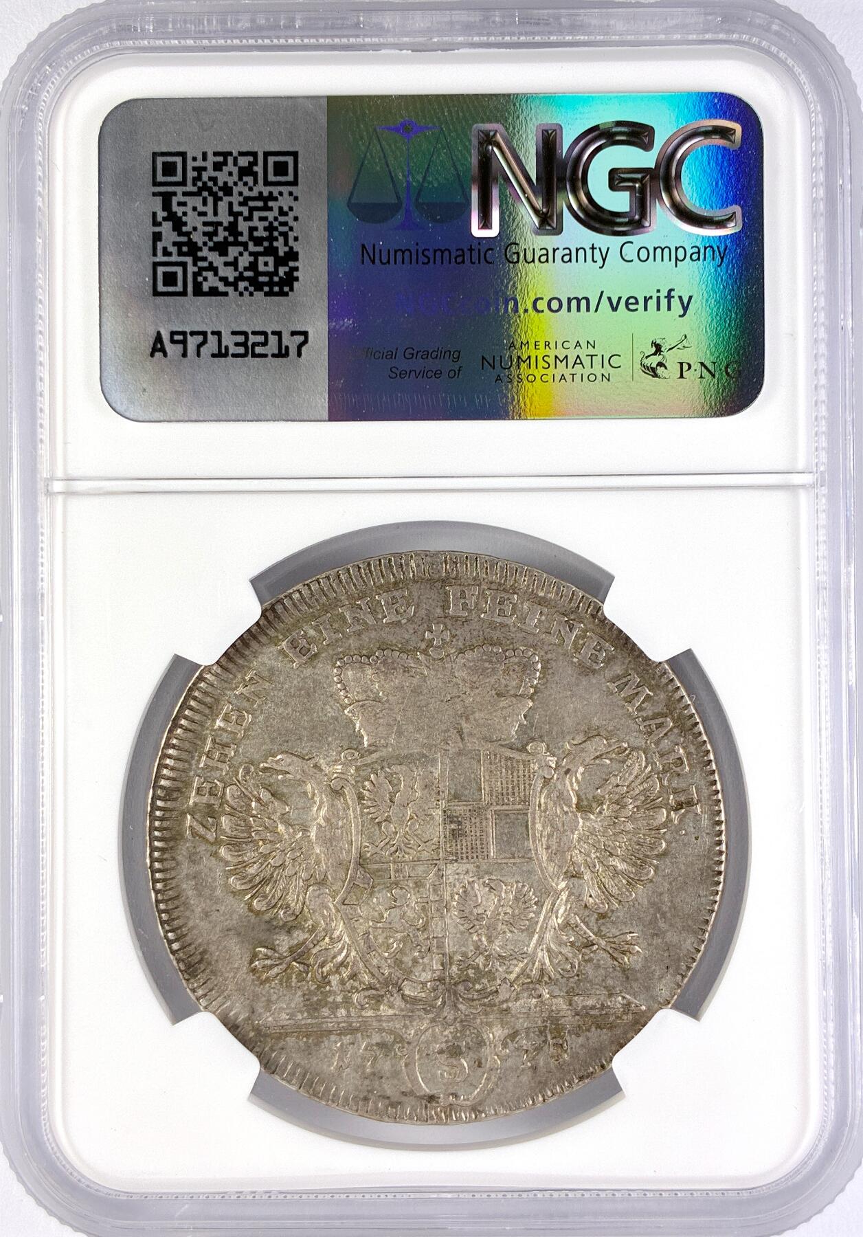 【雨安】【直播拍卖】【世界币章119期-评级币】2025-12-06 周六 19:30 保真 [评级德国] Germany 德国 德意志 1泰勒 Brandenburg-Ansbach勃兰登堡-安斯巴赫 KM#0301 1775年G//S  NGC-AU55