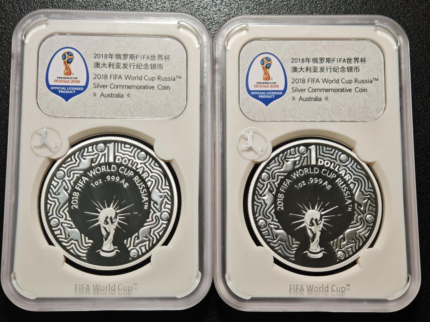 【德藏】世界币章拍卖第156期（拍品征集中~欢迎藏友联系） 2枚一组 2018年 澳大利亚俄罗斯世界杯1元纪念银币 封装版 1盎司 999银