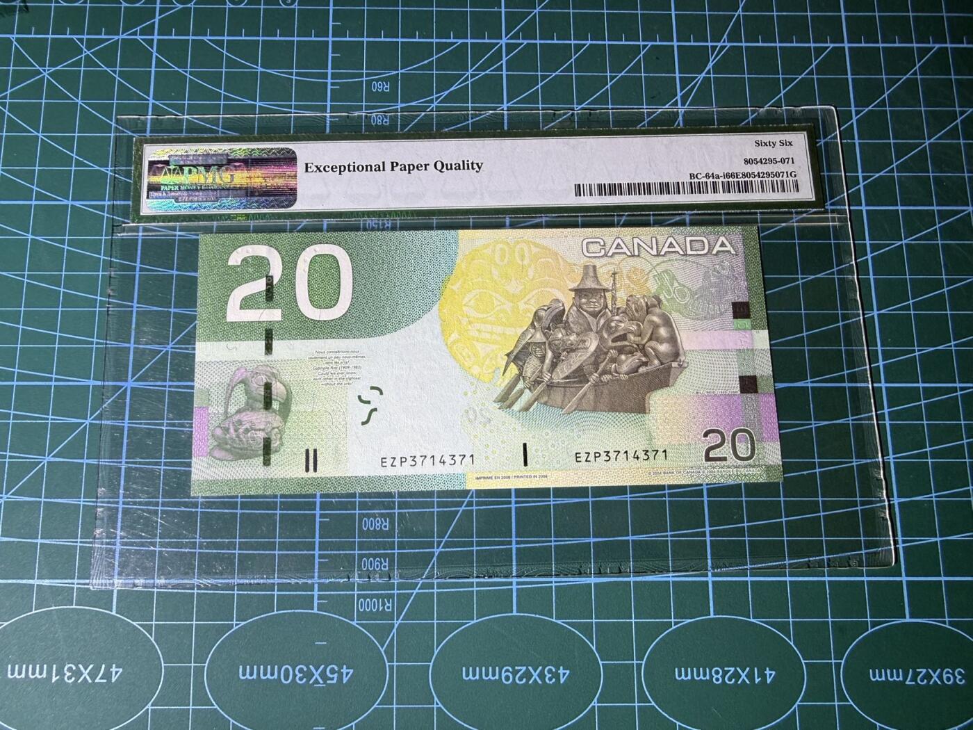 【炜奕收藏】，第五十二期 2006年加拿大20元，PMG66分，获奖钞