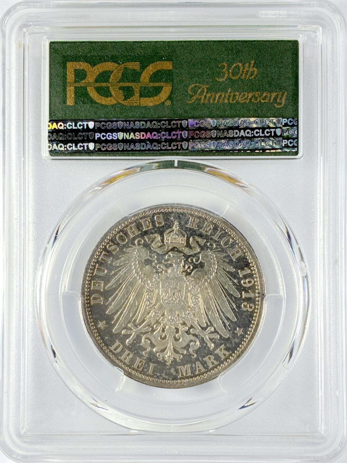 【雨安】【直播拍卖】【世界币章119期-评级币】2025-12-06 周六 19:30 保真 [评级德国] Germany 德国 帝国 萨克森 3马克 (1913) 莱比锡建功碑 PCGS-PR63DCAM