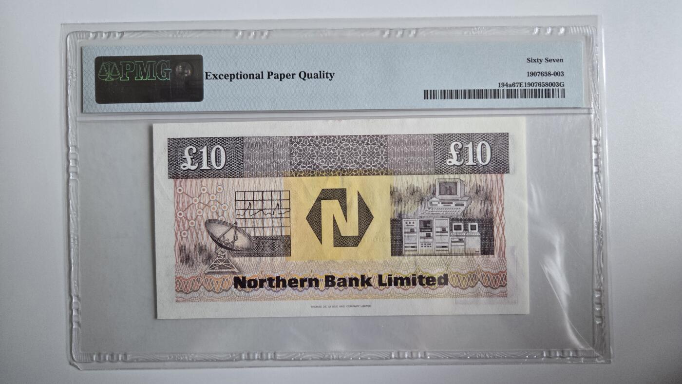 听雨轩（三十六） 北爱尔兰10英镑 pmg67 稀少a版开门10号 约翰·博伊德·邓禄普1988