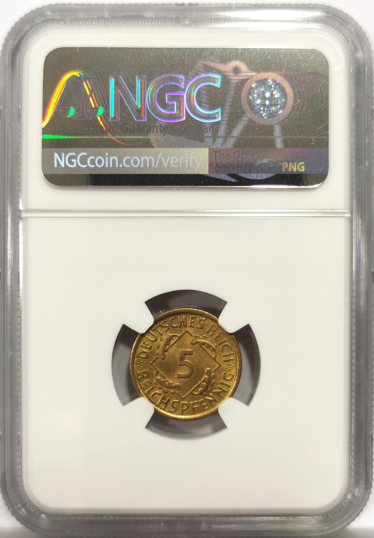 博洋堂世界钱币拍卖第150期（全场包邮） NGC MS65 德国魏玛共和国1925年A版5芬尼铜币