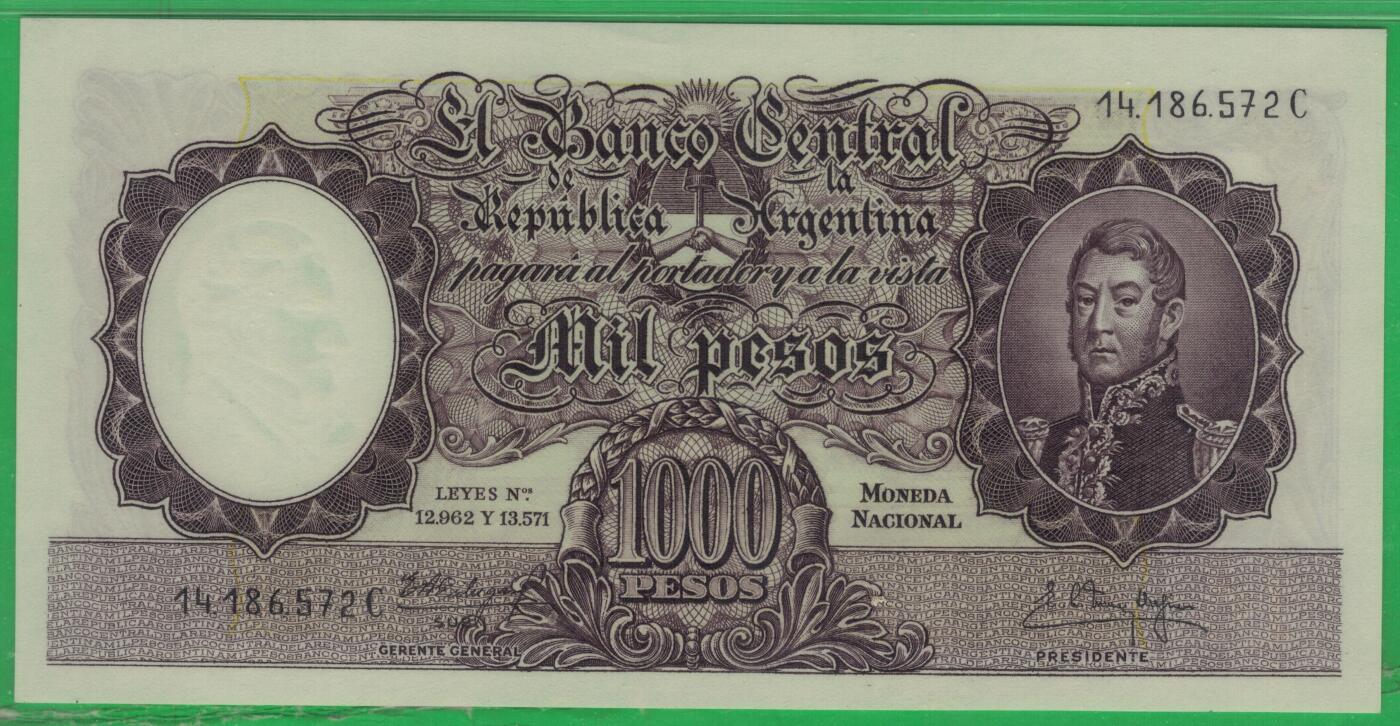 阿根廷1954年至1964年1000比索 P-274a C序列 实物图 UNC a版冠军分 注：也有资料说1955年至1965年