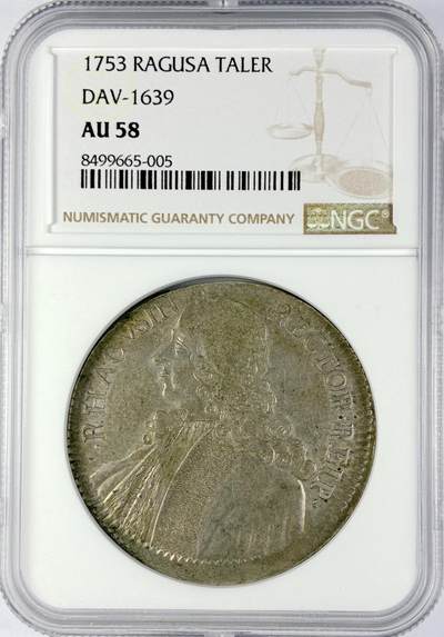 【雨安】【直播拍卖】【世界币章119期-评级币】2025-12-06 周六 19:30 保真 - [评级欧洲] Ragusa 拉古萨 1泰勒 1753年  NGC-AU58