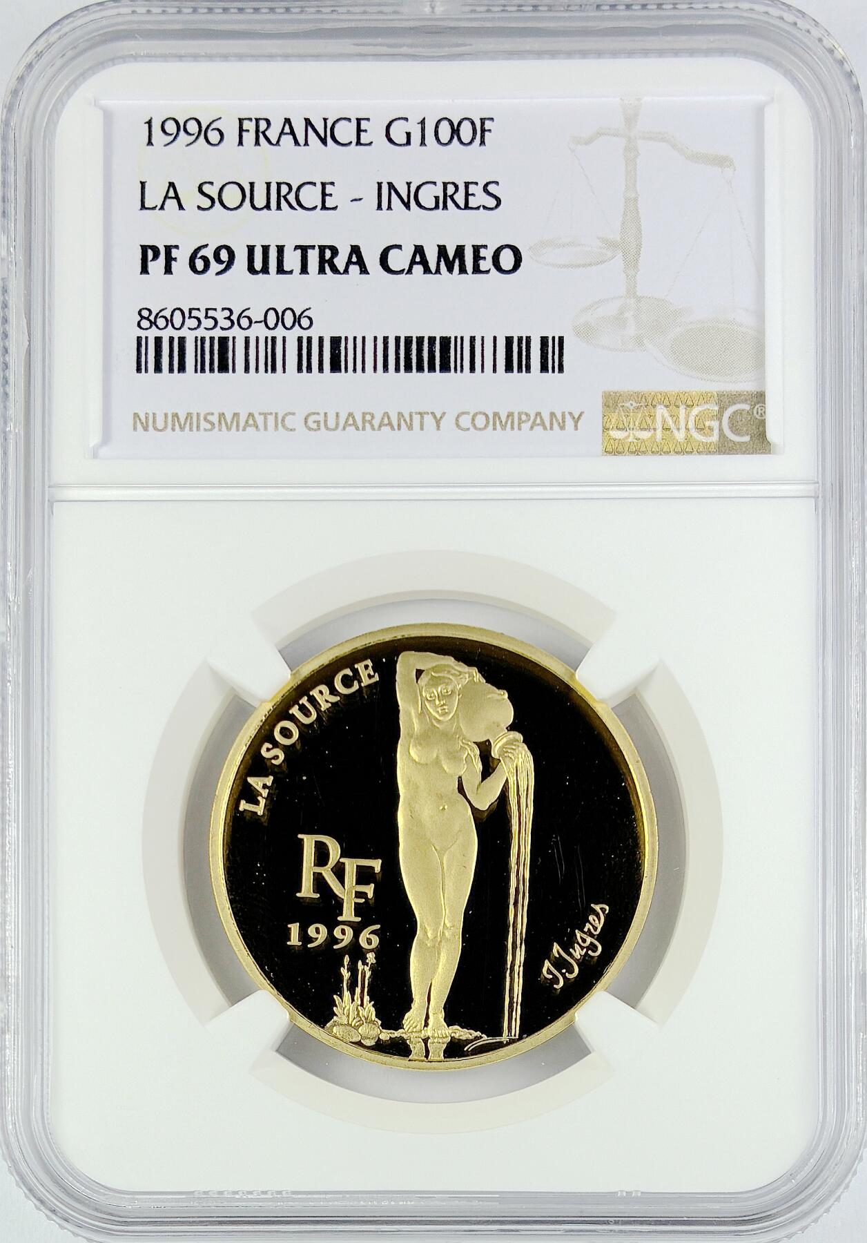 【雨安】【直播拍卖】【世界币章119期-评级币】2025-12-06 周六 19:30 保真 [金币] France 法国 100法郎 1996年 名画安格尔的《泉》 NGC-PF69UC