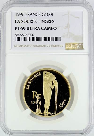 【雨安】【直播拍卖】【世界币章119期-评级币】2025-12-06 周六 19:30 保真 - [金币] France 法国 100法郎 1996年 名画安格尔的《泉》 NGC-PF69UC