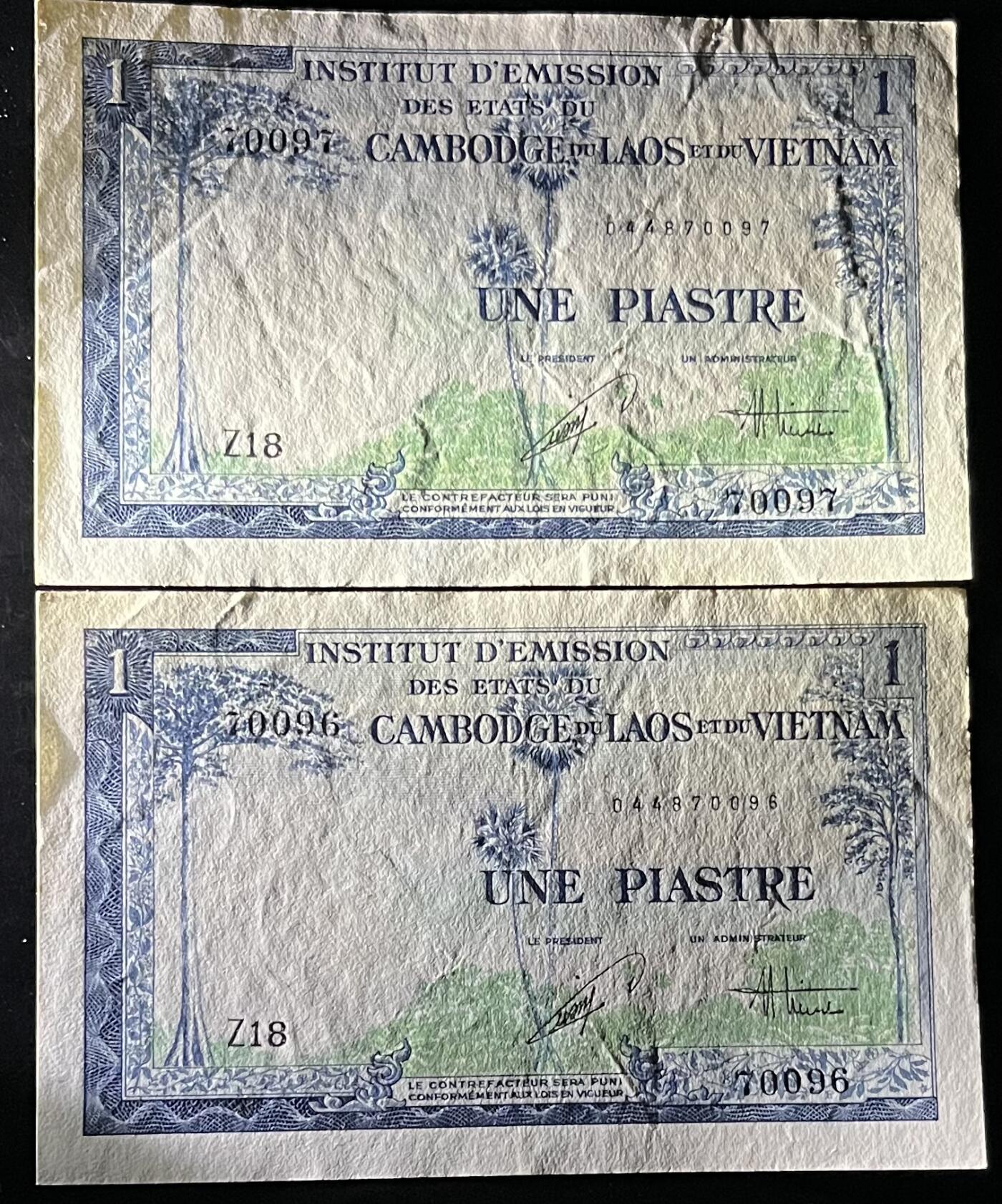 小福收藏拍卖第197期 裸钞场 本期有多张豹子号靓号 百慕大03年50元纪念钞百位号 马来亚和英属婆罗洲开国第一张纸币大冠女王 马来亚 41年1元英王乔六 法属太平洋10000法郎 捷克1000克朗纪念钞千位号  卢森堡 1000法郎  萨尔瓦多样钞 匈牙利 法罗群岛 危地马拉等多国精美纸币 法属印度支那 越南 1954年 1皮阿斯特 1组2张连号 ef-vf