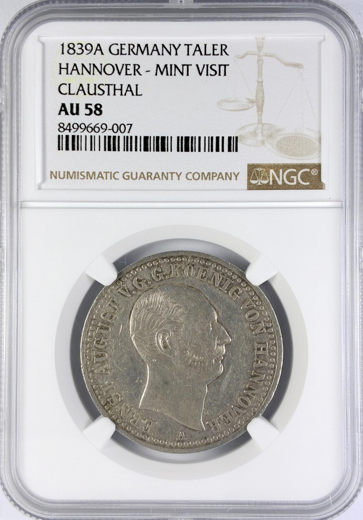 【雨安】【直播拍卖】【世界币章119期-评级币】2025-12-06 周六 19:30 保真 [评级德国] Germany 德国 德意志 1泰勒 Hannover汉诺威 Thun.158 KM#0184 (1839) 访问铸币厂 1839年  NGC-AU58