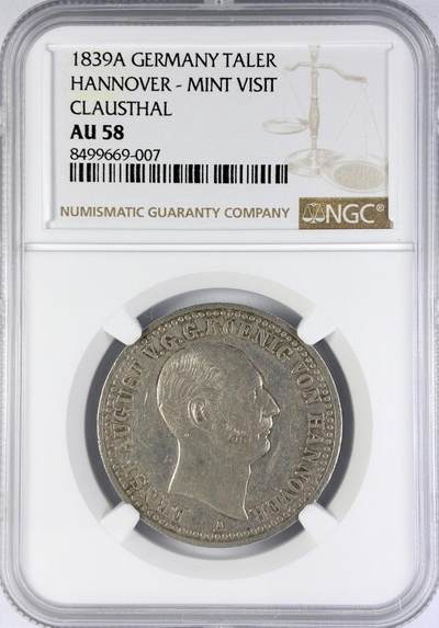 【雨安】【直播拍卖】【世界币章119期-评级币】2025-12-06 周六 19:30 保真 - [评级德国] Germany 德国 德意志 1泰勒 Hannover汉诺威 Thun.158 KM#0184 (1839) 访问铸币厂 1839年  NGC-AU58