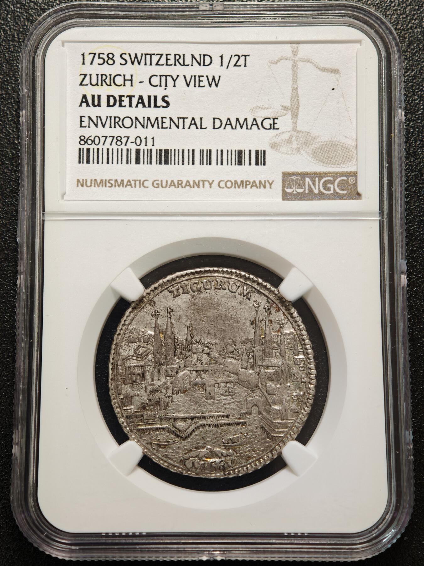 【德藏】世界币章拍卖第156期（拍品征集中~欢迎藏友联系） 1758年 瑞士苏黎世城市景观1/2老泰勒银币 NGC AU 原味包浆 好品相