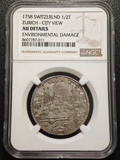 【德藏】世界币章拍卖第156期（拍品征集中~欢迎藏友联系） - 1758年 瑞士苏黎世城市景观1/2老泰勒银币 NGC AU 原味包浆 好品相