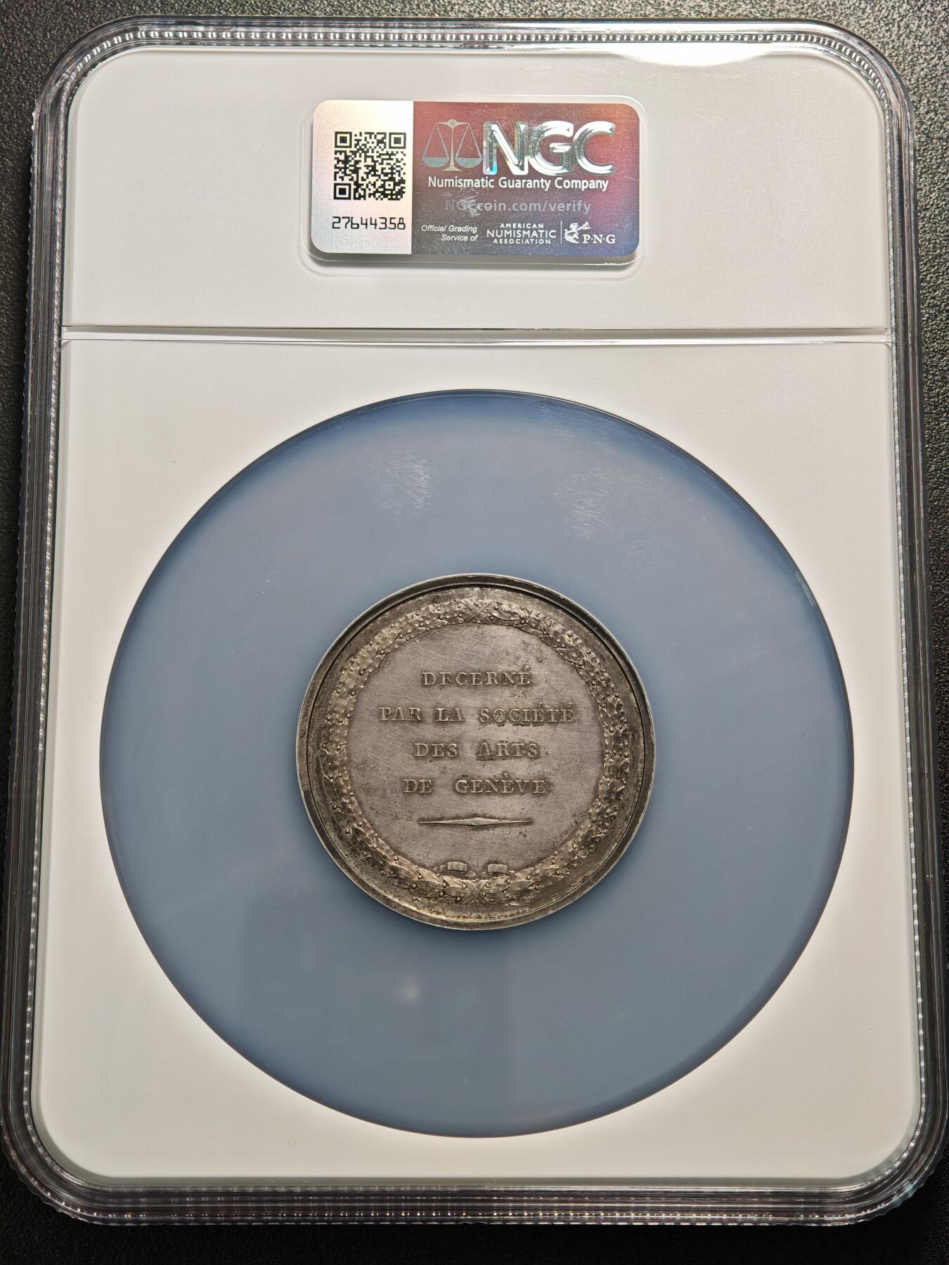 【德藏】世界币章拍卖第156期（拍品征集中~欢迎藏友联系） 18**年 瑞士日内瓦艺术协会奖章48mm纪念大银章 NGC MS61 原味深彩包浆 状态极佳