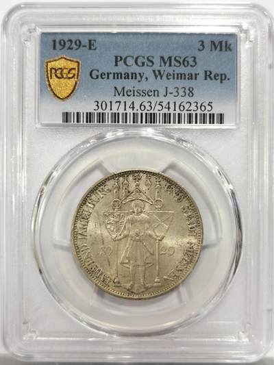 博洋堂世界钱币拍卖第150期（全场包邮） - PCGS MS63 德国魏玛共和国1929年E版梅森千年3马克银币