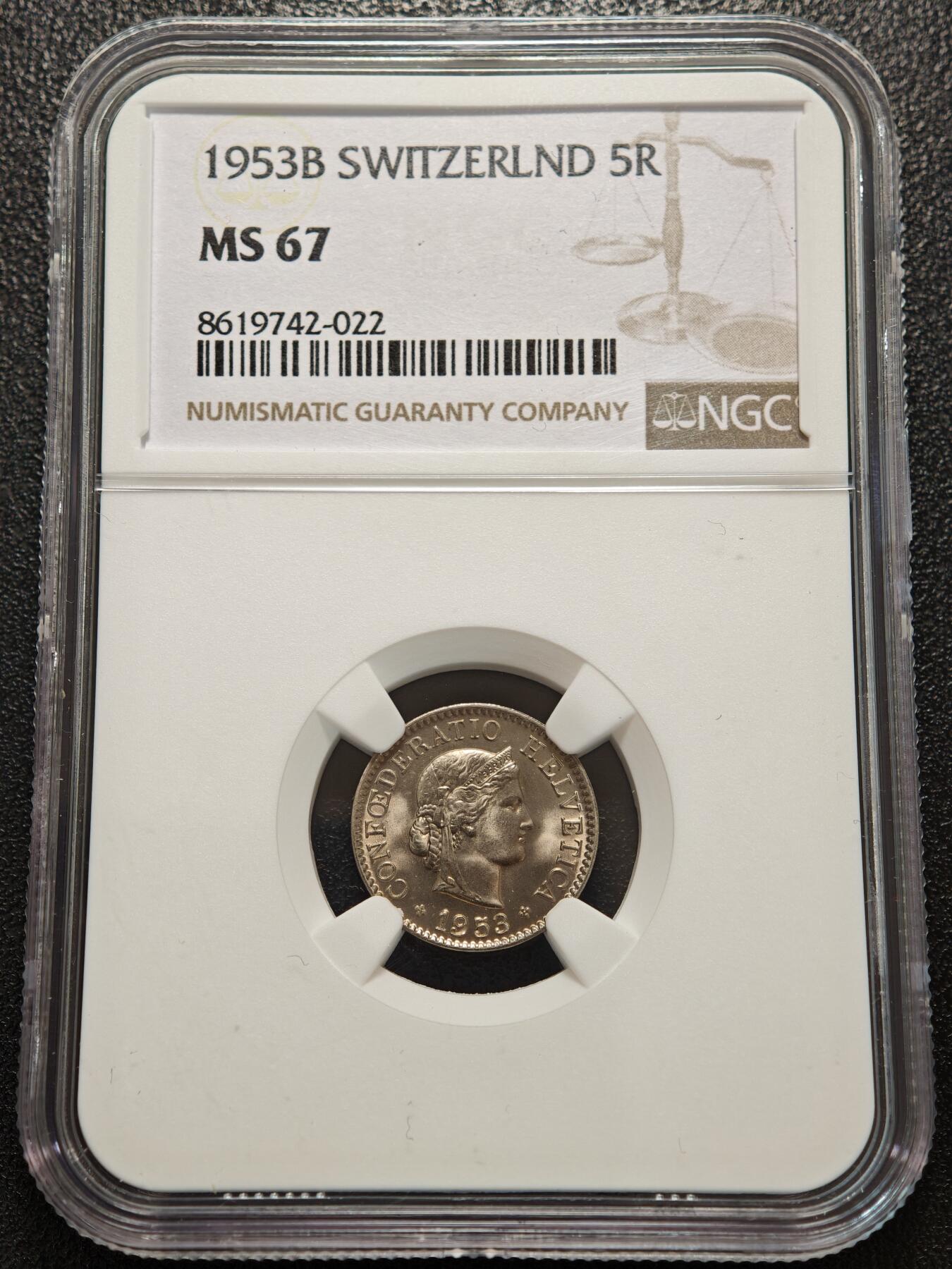 【德藏】世界币章拍卖第156期（拍品征集中~欢迎藏友联系） 冠军分！1953年 瑞士5生丁海尔维蒂女神镍币 NGC MS67 原光极强
