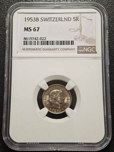 【德藏】世界币章拍卖第156期（拍品征集中~欢迎藏友联系） - 冠军分！1953年 瑞士5生丁海尔维蒂女神镍币 NGC MS67 原光极强