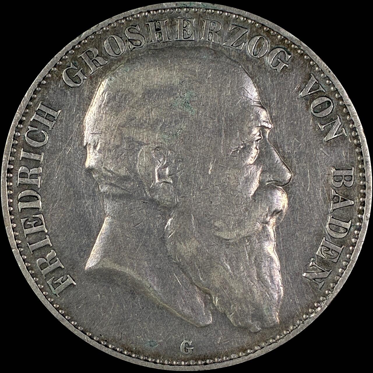 【雨安】【直播拍卖】【世界币章118期-裸币】2025-12-05 周五 19:30 保真 [裸币德国] Germany 德国 帝国 巴登 5马克 弗里德里希一世 右侧 1903年