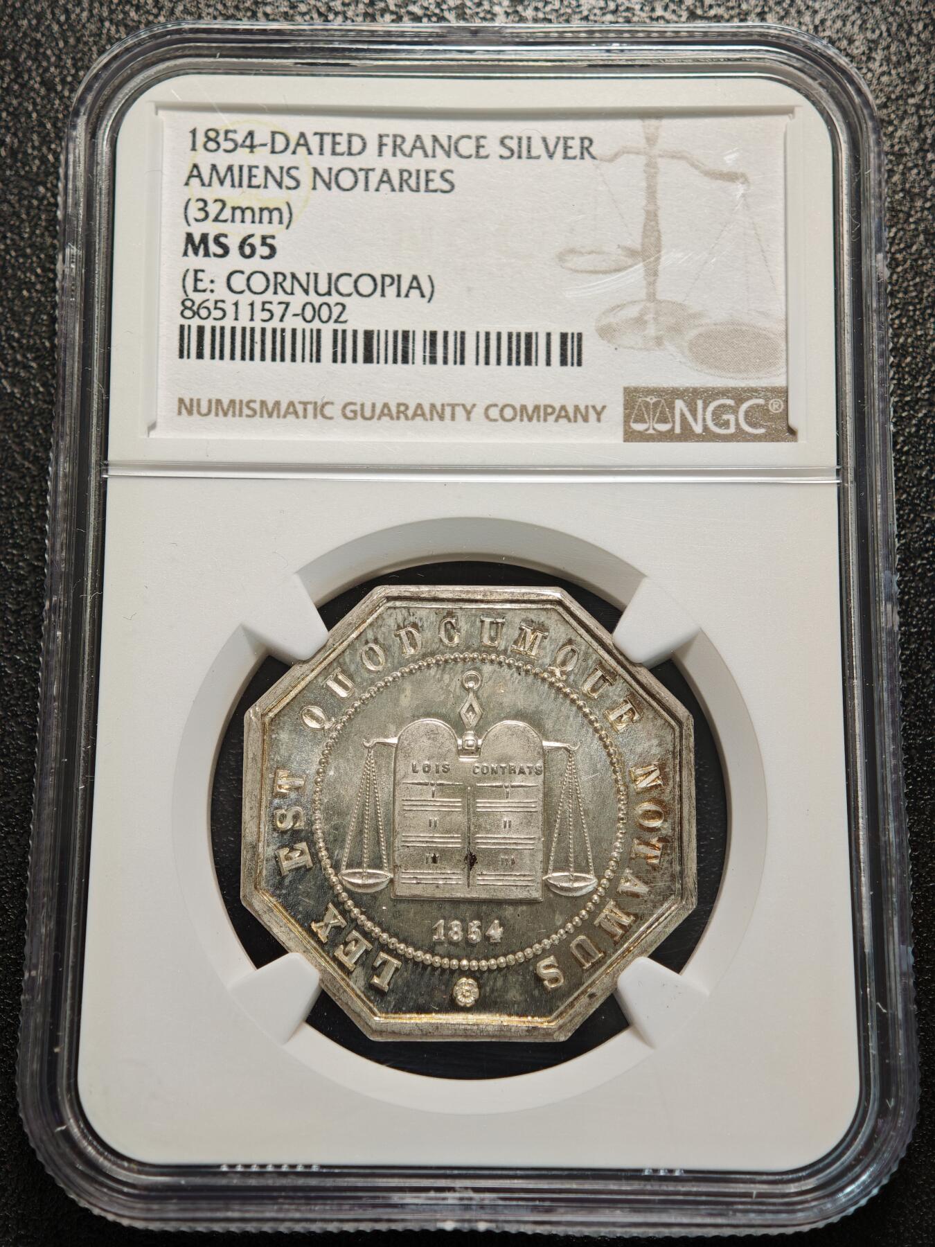 【德藏】世界币章拍卖第156期（拍品征集中~欢迎藏友联系） 1854年 法国亚眠公证处纪念银章八角代用币 NGC MS65 类镜面底板 原光极强