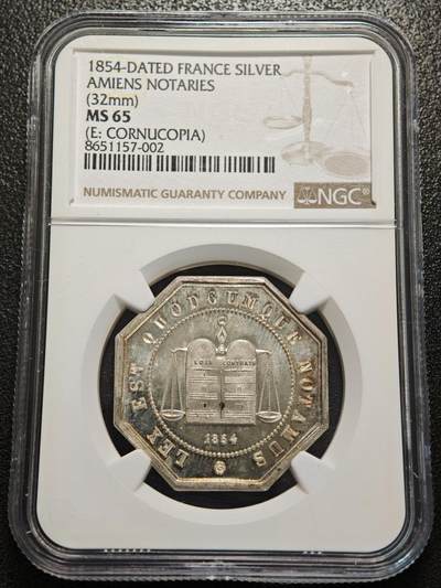 【德藏】世界币章拍卖第156期（拍品征集中~欢迎藏友联系） - 1854年 法国亚眠公证处纪念银章八角代用币 NGC MS65 类镜面底板 原光极强