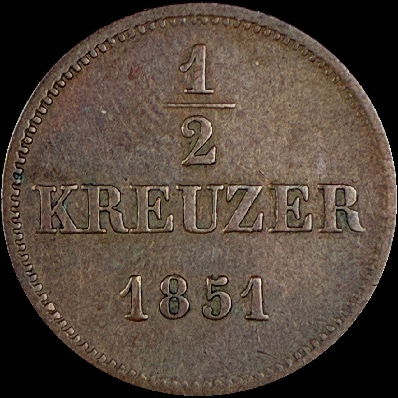 【雨安】【直播拍卖】【世界币章118期-裸币】2025-12-05 周五 19:30 保真 [裸币德国] Germany 德国 德意志 1/2克鲁泽 1851年