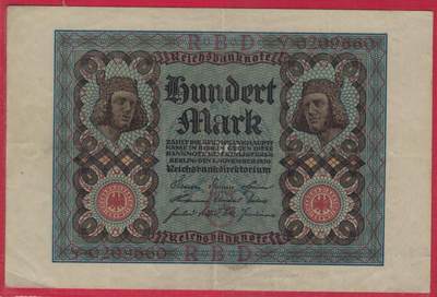 德国1920年100马克 P-69b 加盖字母V 8位号码(无4 双尾88) 实物图 八五品 - 德国1920年100马克 P-69b 加盖字母V 8位号码(无4 双尾88) 实物图 八五品