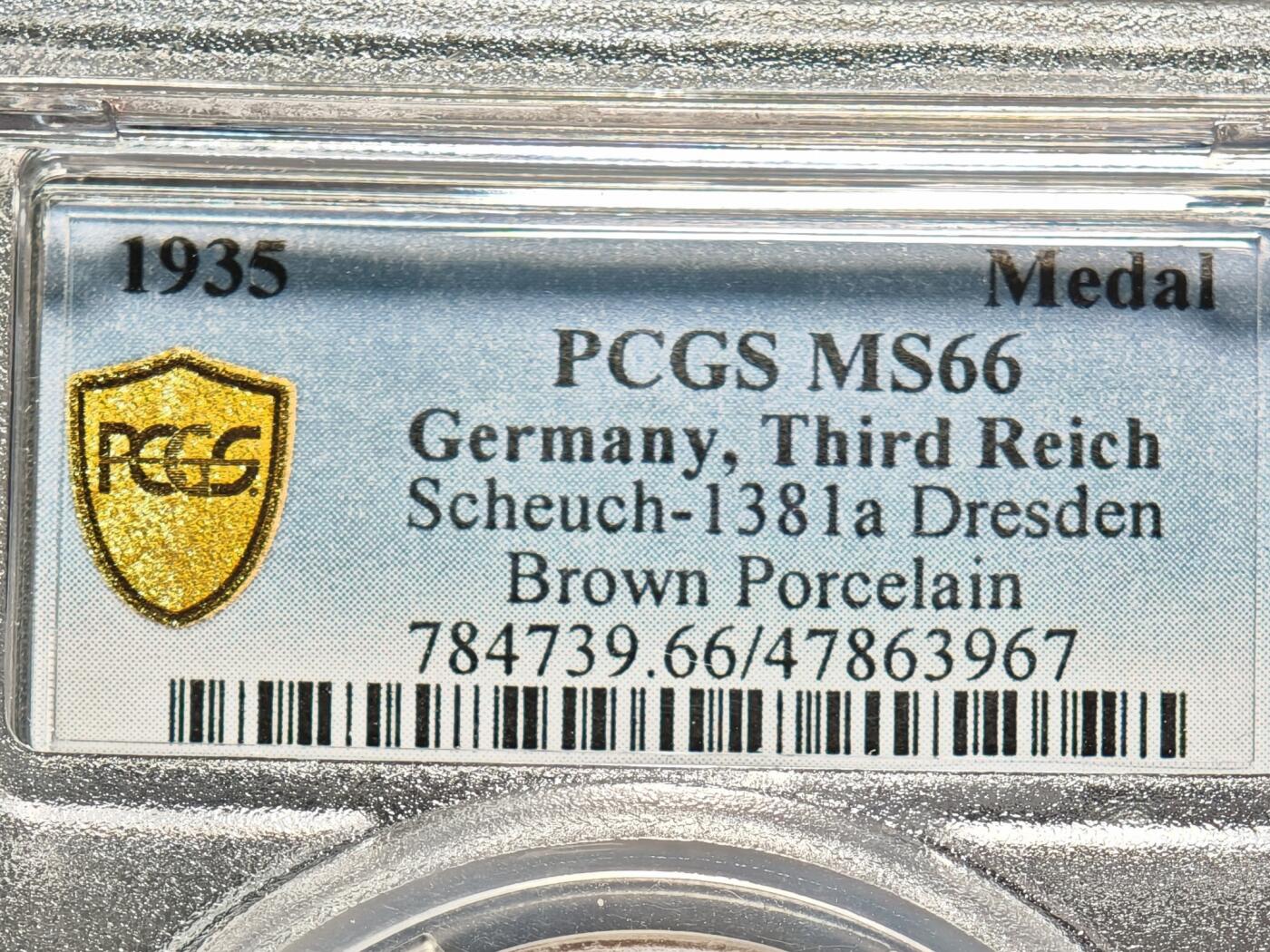 【德藏】世界币章拍卖第156期（拍品征集中~欢迎藏友联系） 冠军分！1935年 德国德累斯顿帝国空军救援军演纪念陶瓷章 PCGS MS66 R稀少品种 发行量仅200枚以内！（原图请查询PCGS评级公司官网）