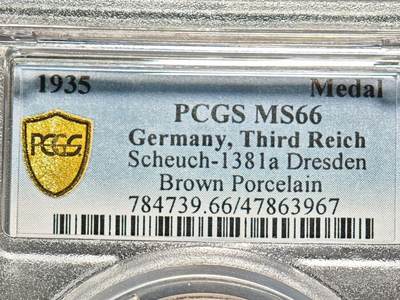 【德藏】世界币章拍卖第156期（拍品征集中~欢迎藏友联系） - 冠军分！1935年 德国德累斯顿帝国空军救援军演纪念陶瓷章 PCGS MS66 R稀少品种 发行量仅200枚以内！（原图请查询PCGS评级公司官网）
