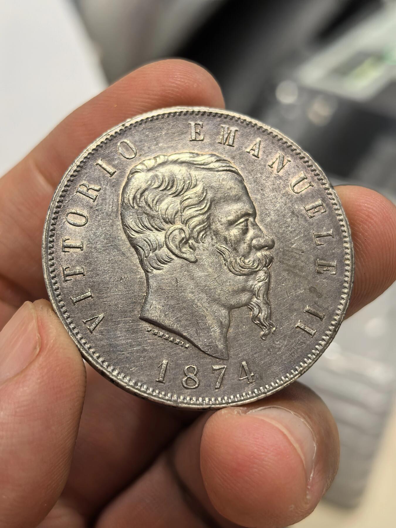 博洋堂世界钱币拍卖第150期（全场包邮） 意大利1874年伊曼纽尔二世5里拉 漂亮的紫罗兰包浆 底光还不错 保底UNC品相