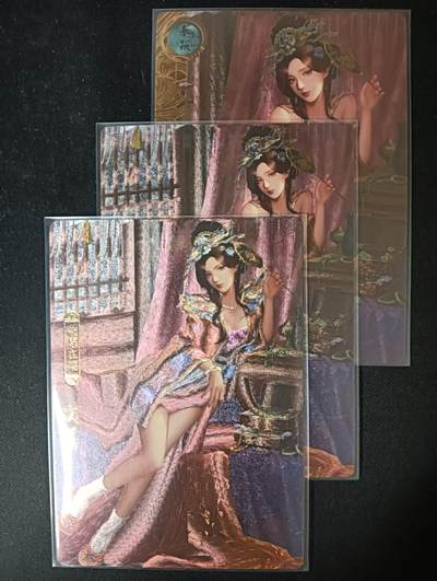 花开卡拍第61期（3月7号周六截拍，品控勿拍!!!拍品不寄存，运费5元（新疆需补运费差价或顺丰到付），自制卡难免瑕疵，可能存在轻微撞角爆边等出厂瑕疵，品控介意勿拍！） - 卡玩帕克 神州百花谱 文姜，粗闪工艺，一套共3张