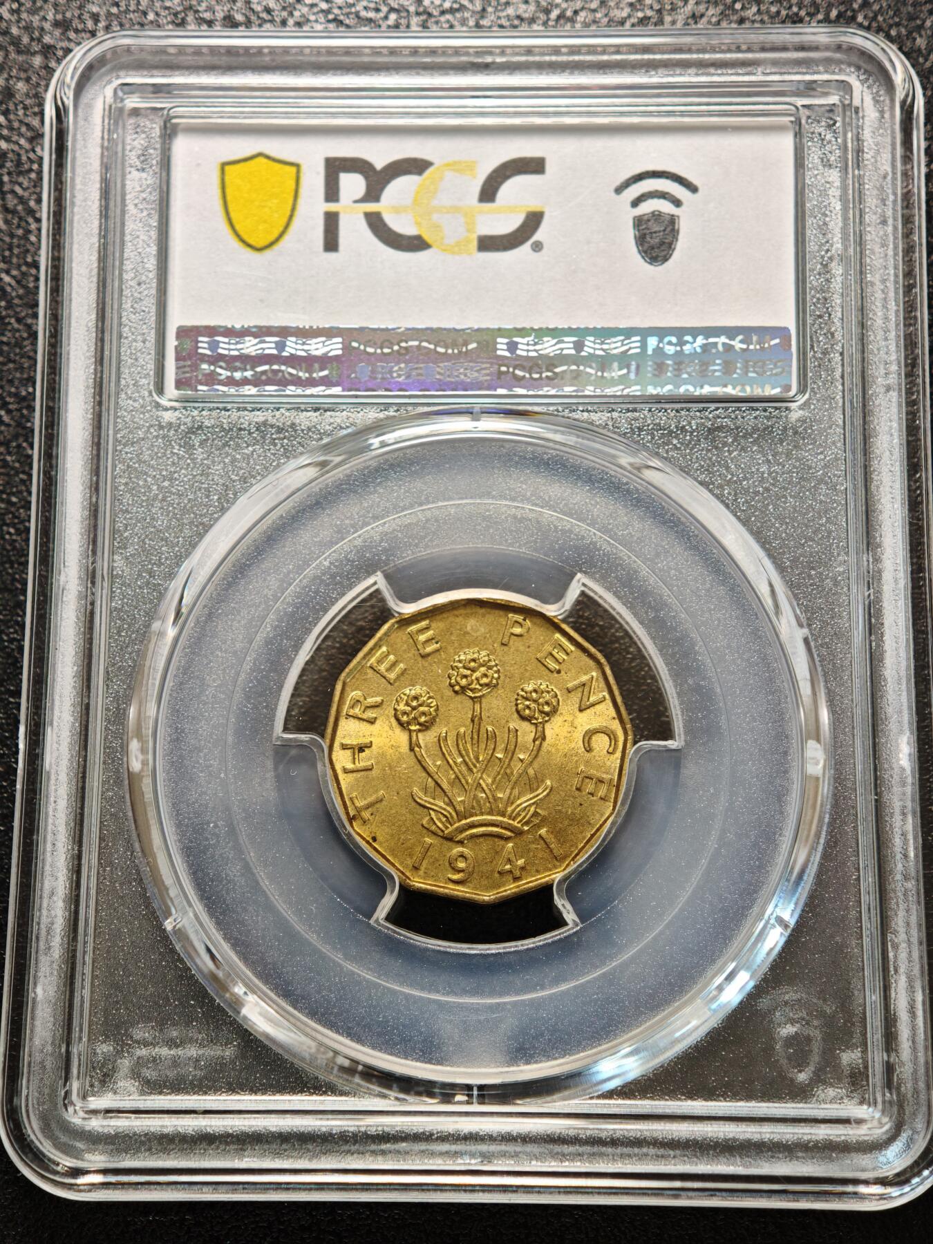 【德藏】世界币章拍卖第156期（拍品征集中~欢迎藏友联系） 1941年 英国乔治六世3便士铜币 PCGS MS63 原光极强