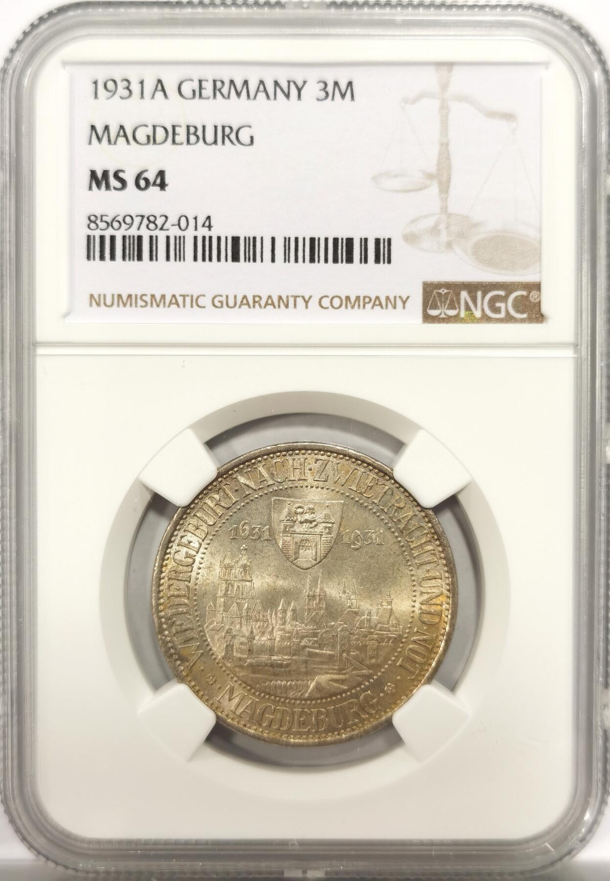 博洋堂世界钱币拍卖第150期（全场包邮） NGC MS64 德国魏玛1931年马格堡3马克银币，淡淡的金色，底板丝滑，状态非常好，稀少的品种。