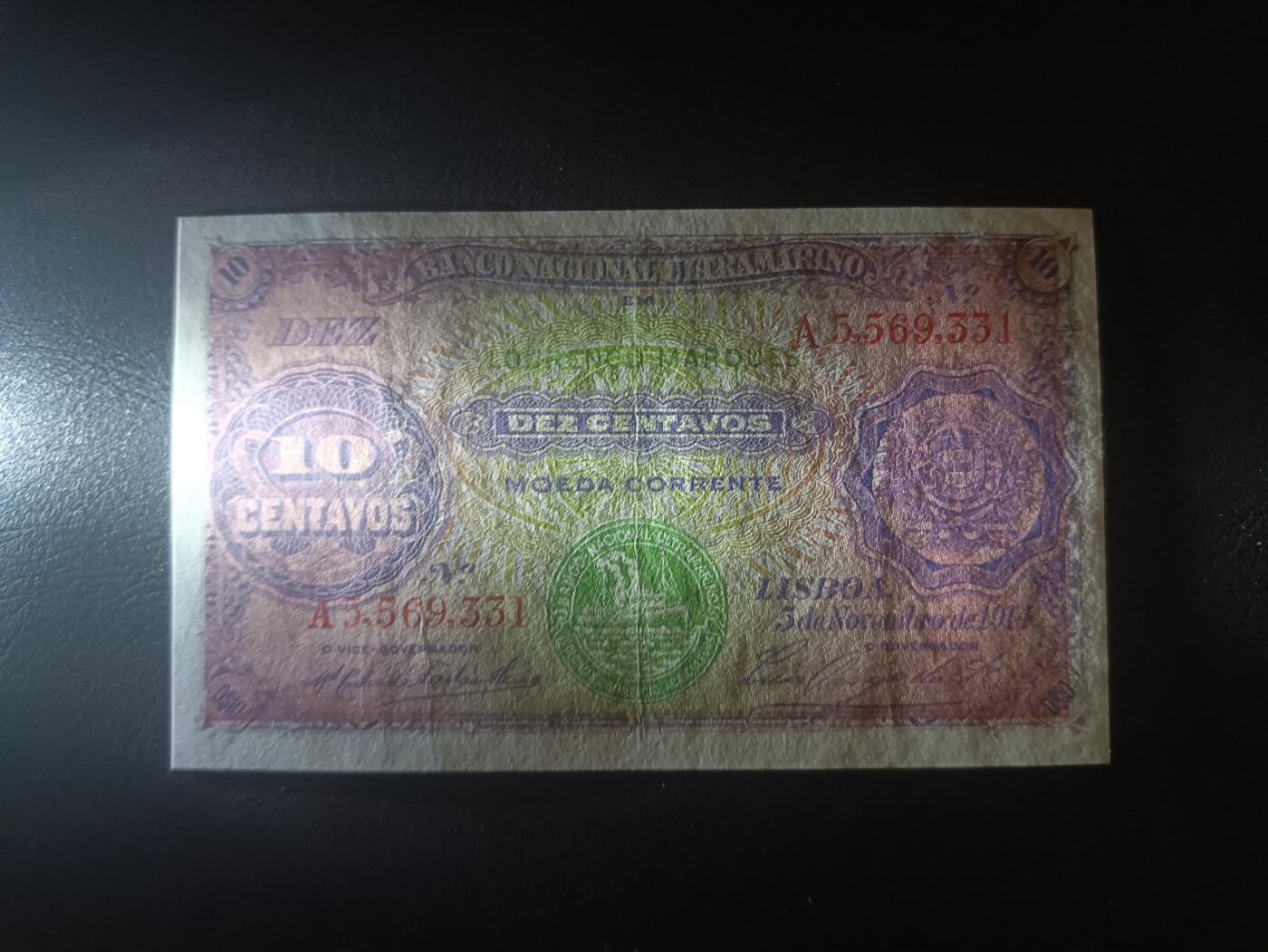 2025十二月第一期，总206期 葡属莫桑比克1914年10分AUNC首冠无47，绿印版本，稀有葡属殖民地品种，经典的大西洋银行目送船队出海图案